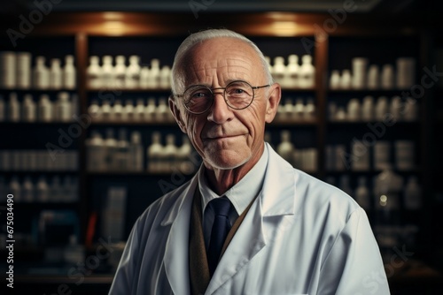 Male pharmacist. Portrait with selective focus and copy space