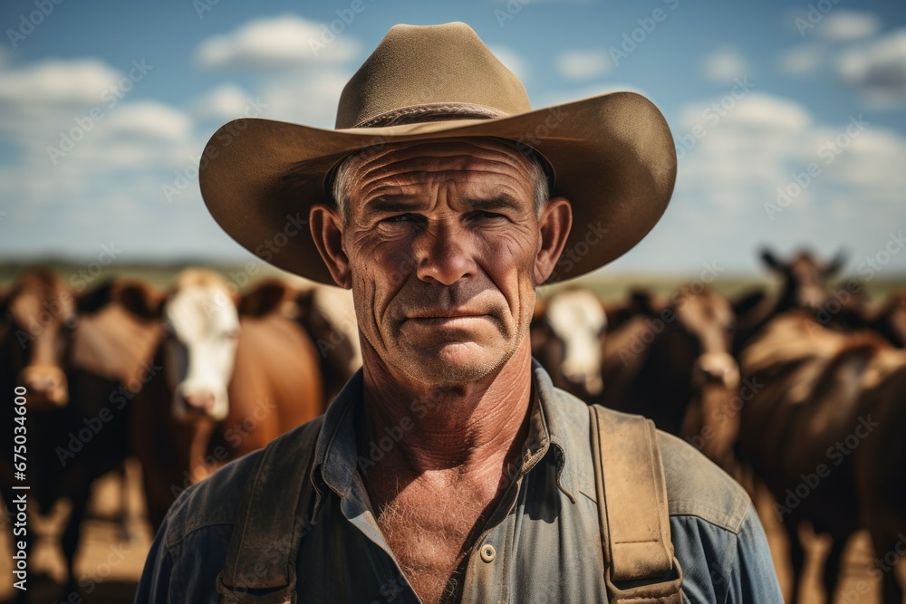 Old cowboy on the farm. Portrait with selective focus and copy space