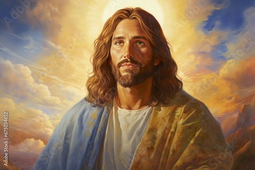 Drawing or illustration of Jesus Christ. Portrait with selective focus and copy space photo