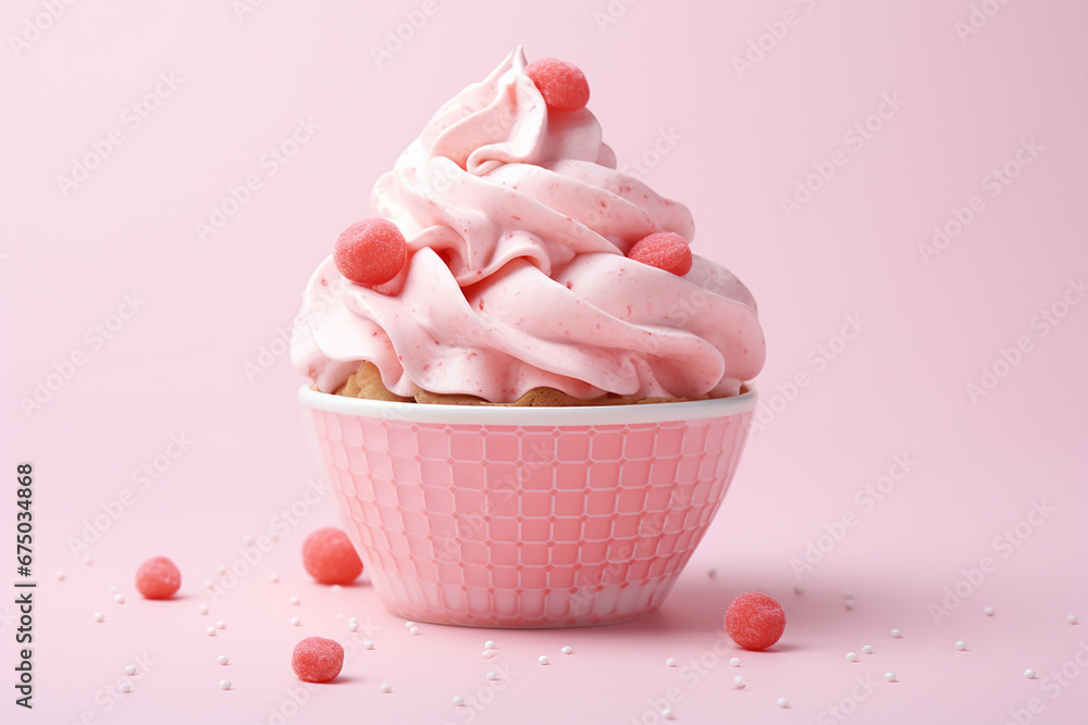 The photo shoot of a strawberry vanilla soft serve topped with cherry and pink red sprinkle ice cream waffle cones served in the cup isolated on a pink background. Generative AI. The photo shoot of a strawberry vanilla soft serve topped with cherry and pink red sprinkle ice cream waffle cones served in the cup isolated on a pink background. Generative AI.