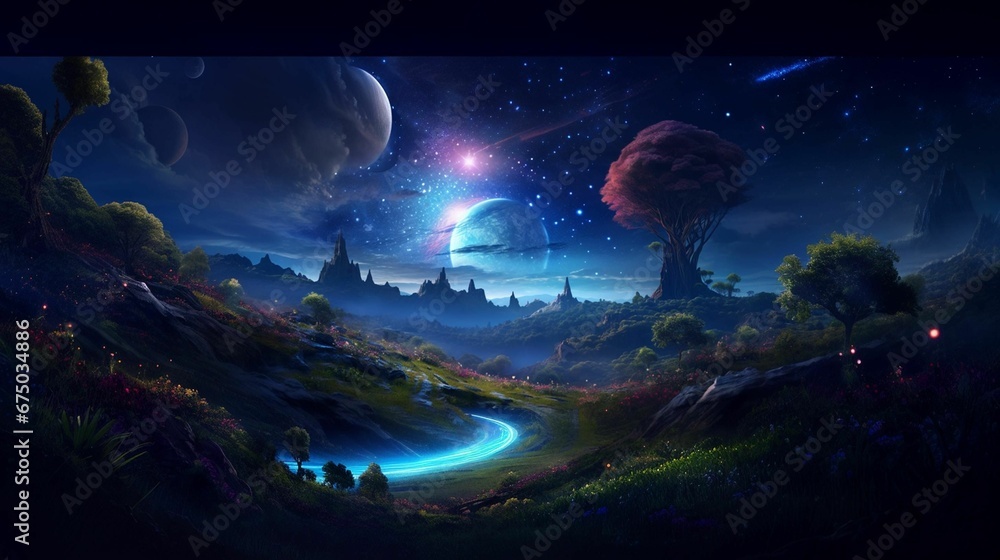 AI generated illustration of a surreal landscape with celestial orbs