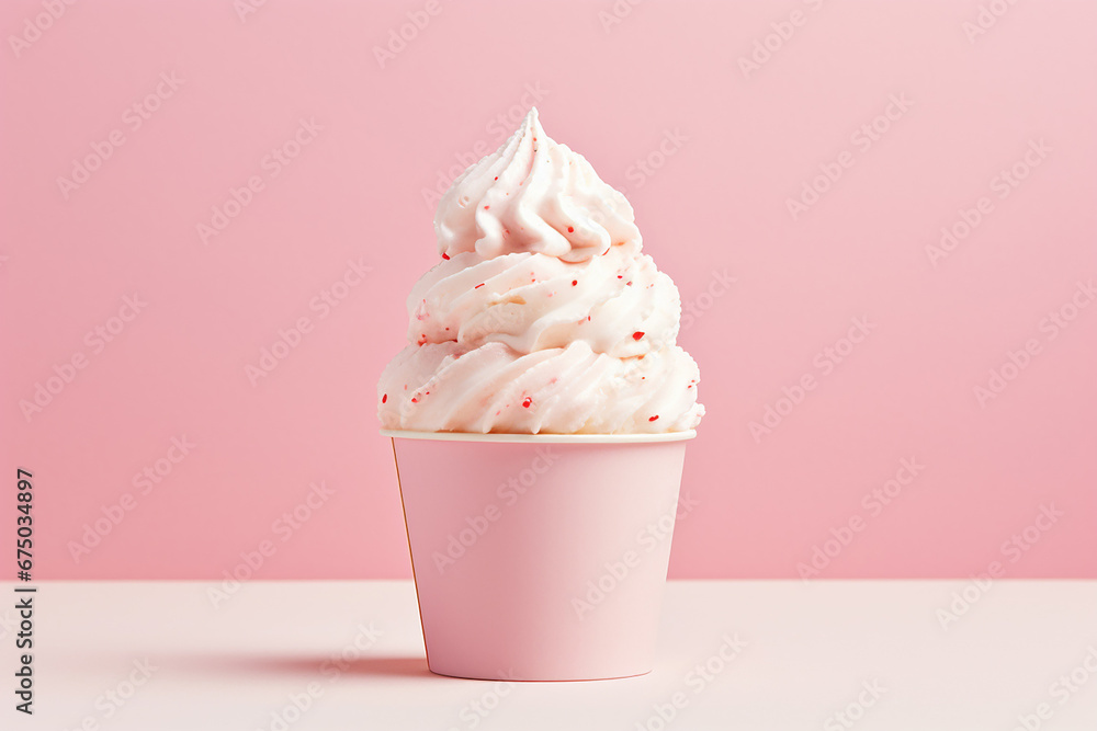 The photo shoot of a strawberry vanilla soft serve topped with cherry and pink red sprinkle ice cream waffle cones served in the cup isolated on a pink background. Generative AI. - obrazy, fototapety, plakaty 