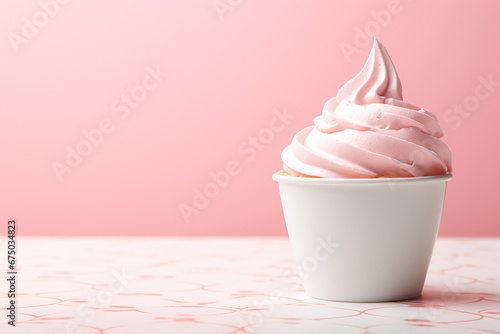 The photo shoot of a strawberry vanilla soft serve topped with cherry and pink red sprinkle ice cream waffle cones served in the cup isolated on a pink background. Generative AI.