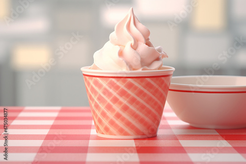 The photo shoot of a strawberry vanilla soft serve topped with cherry and pink red sprinkle ice cream waffle cones served in the cup isolated on a pink background. Generative AI. photo