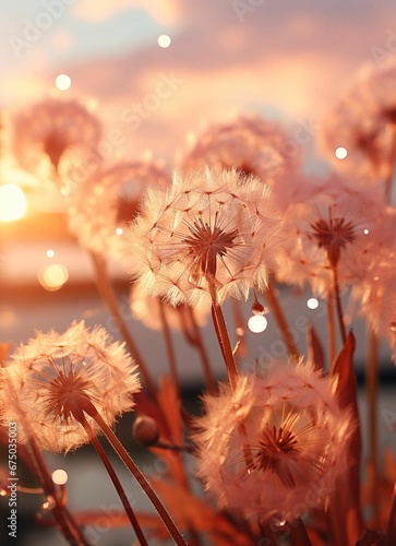 Dandelions in the reflection of the sunset, in the style of light orange and dark maroon
