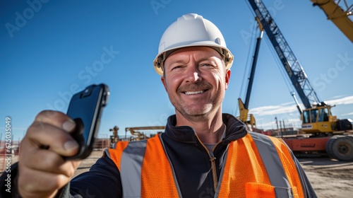 A Civil engineer takes a selfie standing near a construction site with a tower crane in the background. © Phoophinyo