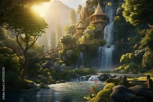 AI generated illustration of an idyllic fairy-tale castle atop a cascading waterfall