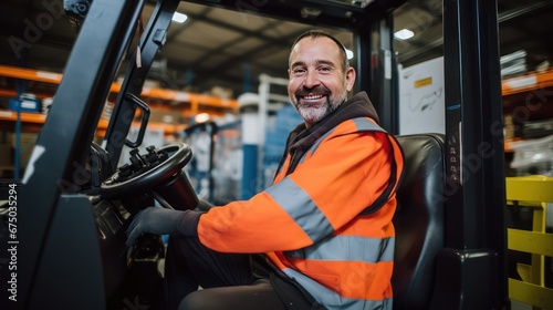 A Portrait of a professional industrial worker driving a forklift, a team of quality control staff storing goods, shelving, Warehouse Workshop for factory workers, quality control engineers.