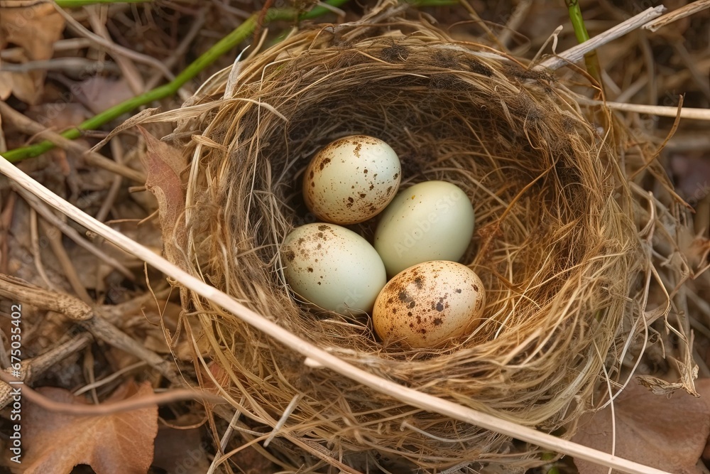 AI generated illustration of A close up of three eggs resting in a nest of leaves and twigs AI generated illustration of A close up of three eggs resting in a nest of leaves and twigs