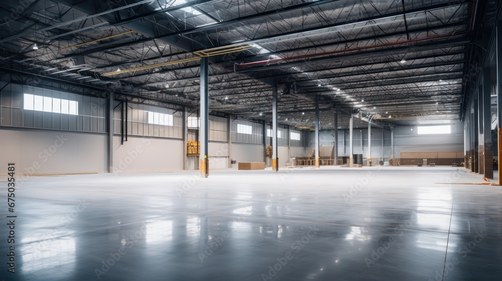 A Empty warehouse with concrete floor inside industrial building Use it as a large factory, warehouse, hangar or factory. Modern interior with steel structure with space for an industrial background.