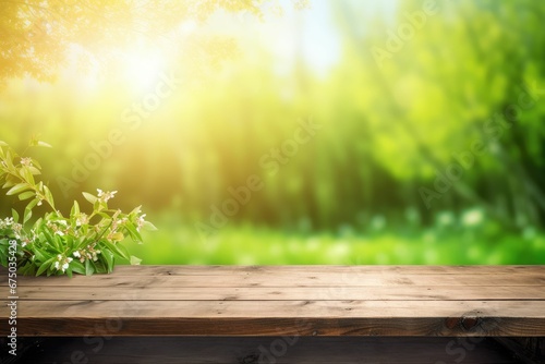 AI generated illustration of a wooden bench in the foreground of a lush green forest