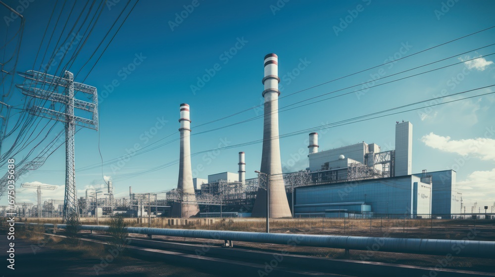 A Main power plants and power generators High voltage poles in power plants Energy and energy saving concepts.