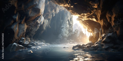 a cave with sunlight shining through it, generative AI