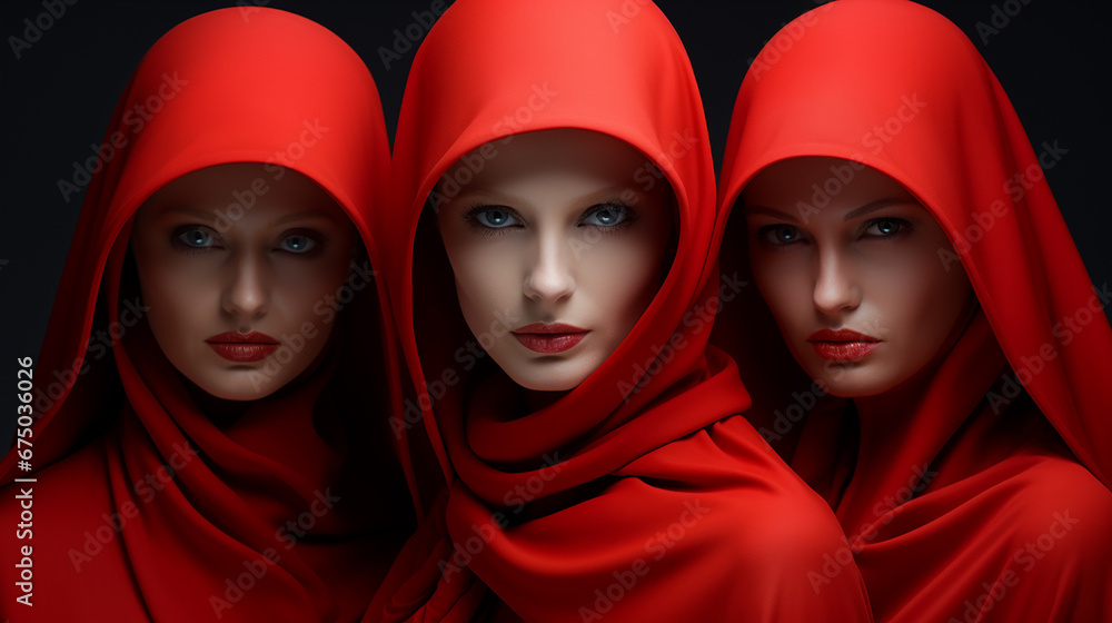 Three beautiful young women in red hair veils against a black background. Three beautiful young women in red hair veils against a black background.
