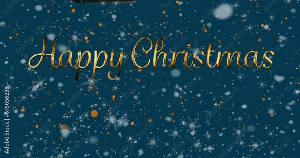 Animation of snowflakes falling and yellow spots over happy christmas text on blue background Animation of snowflakes falling and yellow spots over happy christmas text on blue background