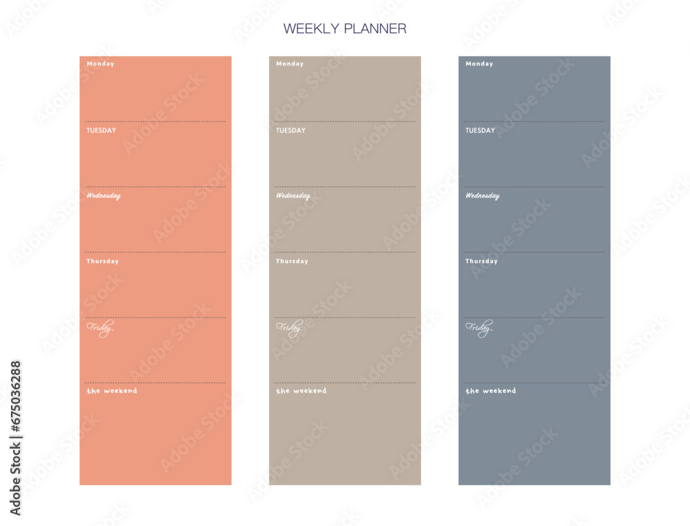 Weekly Planner. (Daily) Minimalist planner template set. Vector illustration. Weekly Planner. (Daily) Minimalist planner template set. Vector illustration.
