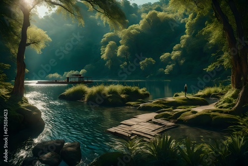 Fototapeta Naklejka Na Ścianę i Meble -  A riverbank sanctuary, where nature's symphony plays in the background.