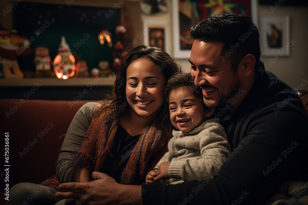 Portrait of lovely family in cozy home in Christmas, father mother and child Portrait of lovely family in cozy home in Christmas, father mother and child