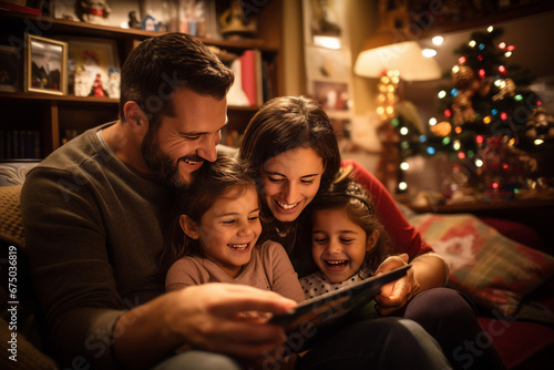 Portrait of lovely family in cozy home in Christmas, father mother and child