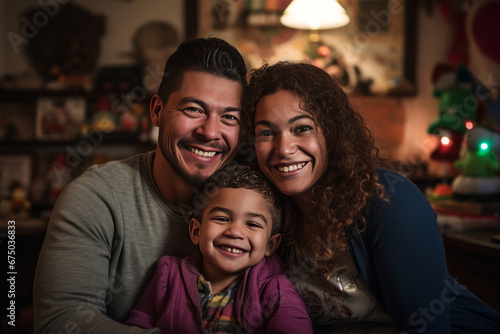 Portrait of lovely family in cozy home in Christmas, father mother and child