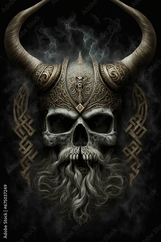 AI-generated illustration of a skull,with a helmet with horns,in a Viking style,on a dark background