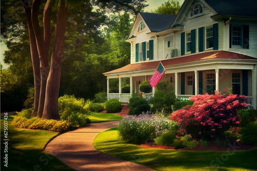 AI generated illustration of a house with a beautiful garden full of bloomed flowers and the US flag © Wirestock