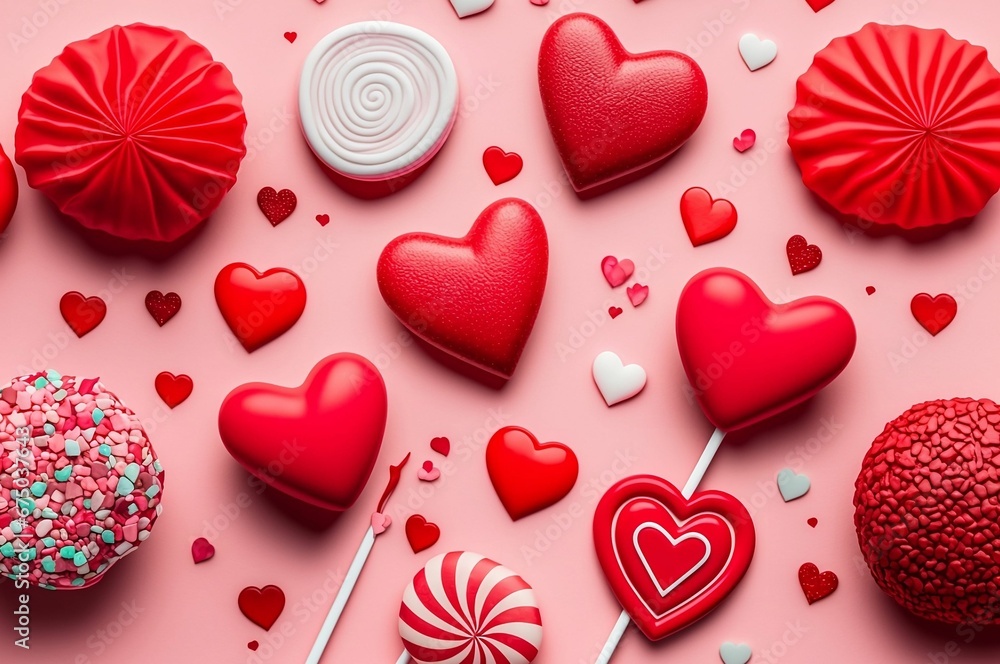 AI generated illustration of a romantic pink background with bright red heart-shaped candies