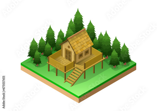 Isometric wooden house in the forest