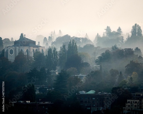 Morning scene of Seattle Saint Mark Episcopal Cathedral surrounded by trees shrouded in fog photo