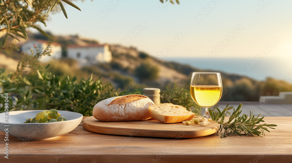 Wine, bread, and cheese, on the Almafi Coast in Italy - obrazy, fototapety, plakaty 