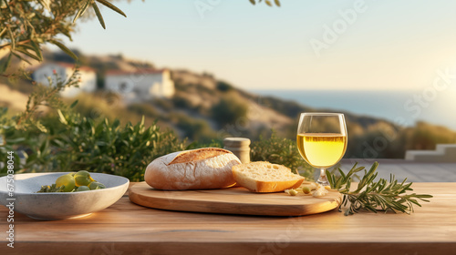 Wine, bread, and cheese, on the Almafi Coast in Italy photo