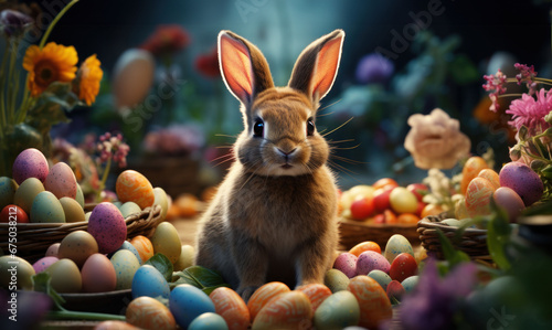Curious bunny with a rich array of colorful Easter eggs in a lush garden © Liana