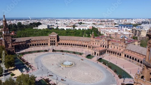 Aerial View Of People Walking In The Plaza de España (Spain Square) On A Sunny Day In Seville, Spain. - approach photo
