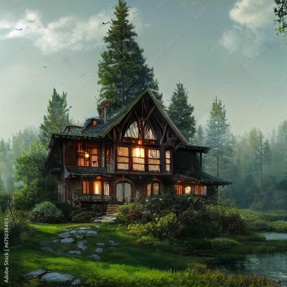 AI generated illustration of house surrounded by dense trees near lake