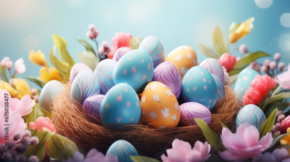 Vibrant Easter eggs in a nest surrounded by a colorful array of spring blossoms
