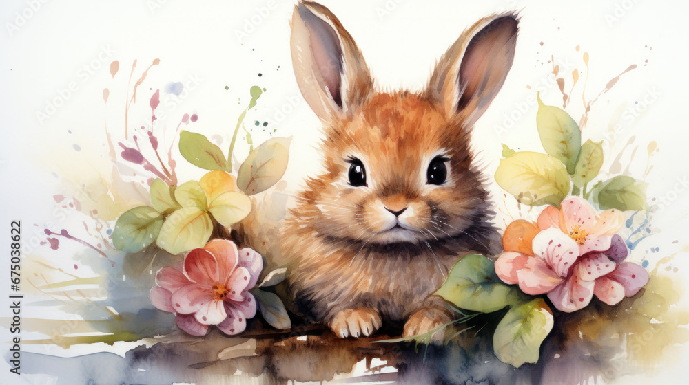 Charming bunny amidst pastel flowers and watercolor splashes. Charming bunny amidst pastel flowers and watercolor splashes.