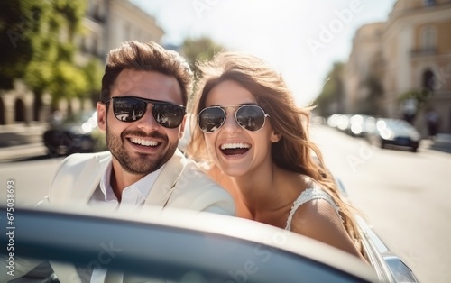 Beautiful bride and groom in sunglasses driving a convertible car © piai