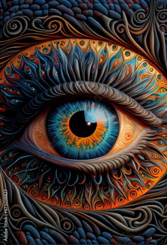 AI generated illustration of colorful human eye in closeup