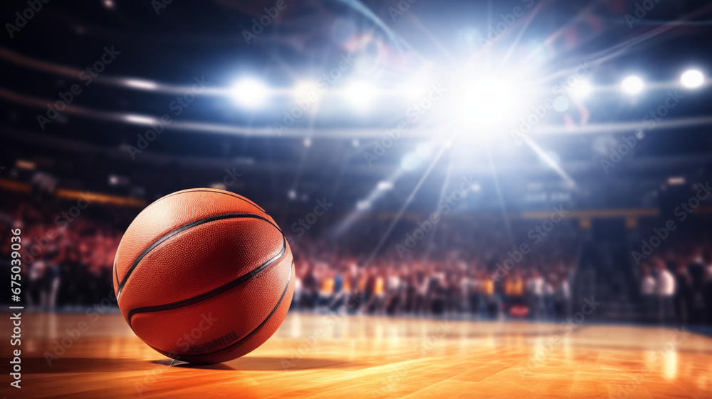 Close up of basketball ball on a large court arena floor. Basketball stadium. World basketball day Close up of basketball ball on a large court arena floor. Basketball stadium. World basketball day