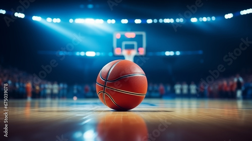 Close up of basketball ball on a large court arena floor. Basketball stadium. World basketball day