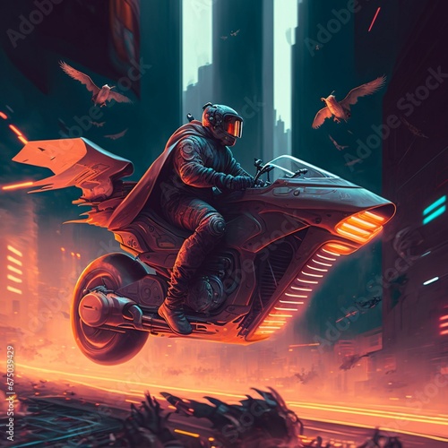 AI generated illustration of a person on a motorcycle with red lights