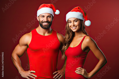A sporty couple wearing father christmas santa hat. New years resolution. Holiday healthy lifestyle