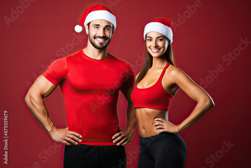 A sporty couple wearing father christmas santa hat. New years resolution. Holiday healthy lifestyle