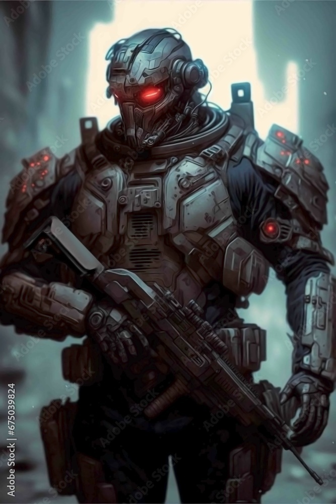 AI generated illustration of futuristic soldier with weapon AI generated illustration of futuristic soldier with weapon