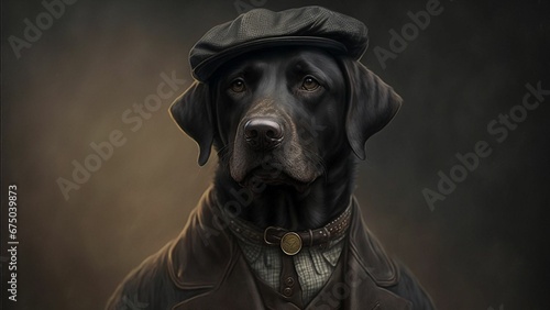 AI generated illustration of an anthropomorphic black labrador dressed up in peaky blinder style photo