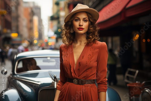 Beautiful blonde girl in a hat in the city with retro style