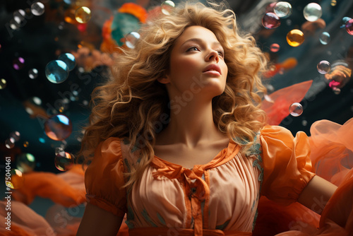 Wallpaper Mural Beautiful woman with colorful bubbles background Torontodigital.ca