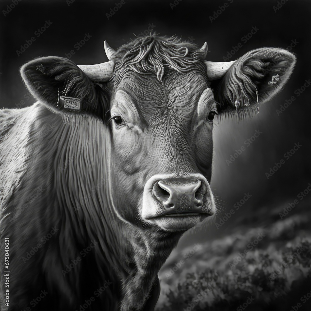 AI generated illustration of the portrait of a cow in black and white. AI generated illustration of the portrait of a cow in black and white.