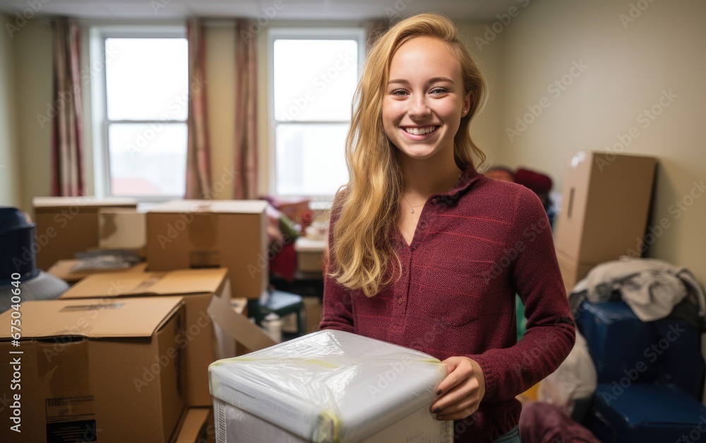 A young smiling student is standing in a dorm room and holding a box with personal belongings in her hands A young smiling student is standing in a dorm room and holding a box with personal belongings in her hands