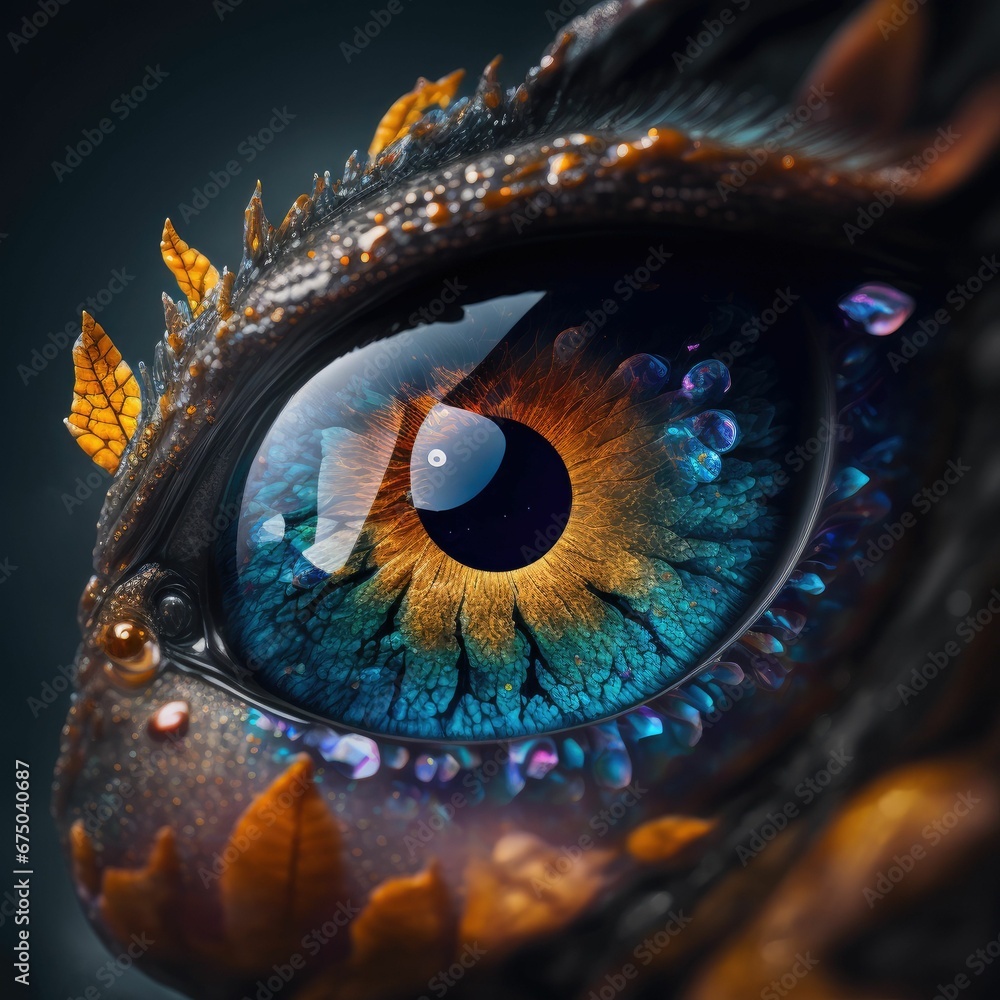 AI generated illustration of colorful fantasy creature's eye, closeup